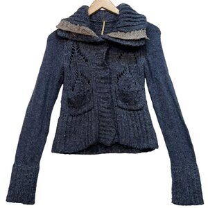 Free People Women's Wool Cardigan Sweater Knit Stretch Size XS Blue Long Sleeve
